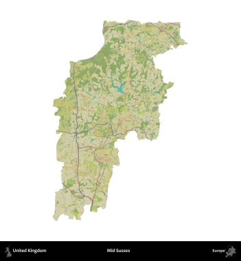 Sussex 'in ortasında. Birleşik Krallık 'ın idari alanı bir OpenStreetMap İnsani Harita stili haritasında beyaza izole edildi