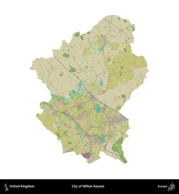 Milton Keynes şehri. Birleşik Krallık 'ın idari alanı bir OpenStreetMap İnsani Harita stili haritasında beyaza izole edildi