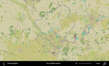 Milton Keynes şehri. Birleşik Krallık 'ın bir OpenStreetMap İnsani Biçim haritasında özetlenmiş idari alanı