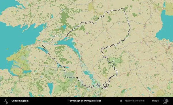 Fermanagh ve Omagh Bölgesi. Birleşik Krallık 'ın bir OpenStreetMap İnsani Biçim haritasında özetlenmiş idari alanı