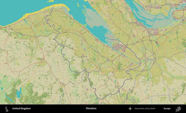 Flintshire 'da. Birleşik Krallık 'ın bir OpenStreetMap İnsani Biçim haritasında özetlenmiş idari alanı