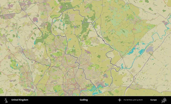 Gedling. Birleşik Krallık 'ın bir OpenStreetMap İnsani Biçim haritasında özetlenmiş idari alanı