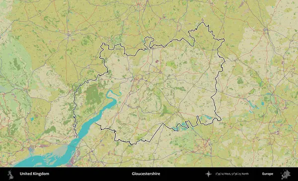 Gloucestershire 'da. Birleşik Krallık 'ın bir OpenStreetMap İnsani Biçim haritasında özetlenmiş idari alanı