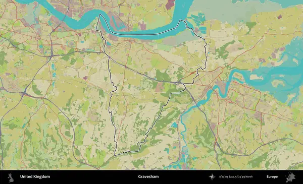 Gravesham. Birleşik Krallık 'ın bir OpenStreetMap İnsani Biçim haritasında özetlenmiş idari alanı
