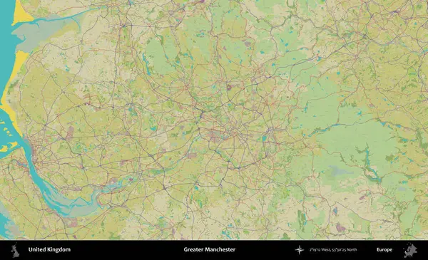 Daha büyük Manchester. Birleşik Krallık 'ın idari alanı bir OpenStreetMap İnsani Biçim haritası üzerinde