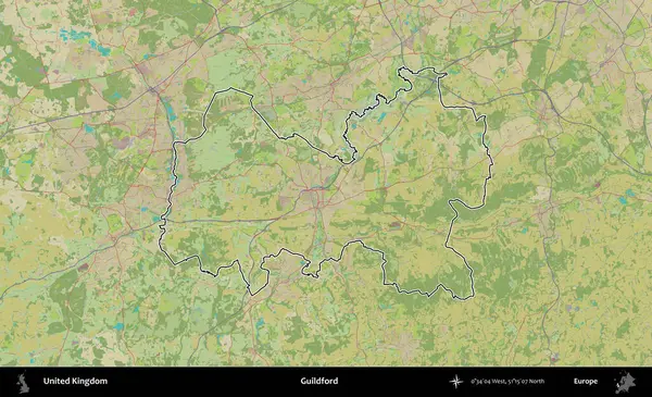 Guildford. Birleşik Krallık 'ın bir OpenStreetMap İnsani Biçim haritasında özetlenmiş idari alanı
