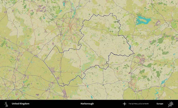 Harborough 'da. Birleşik Krallık 'ın bir OpenStreetMap İnsani Biçim haritasında özetlenmiş idari alanı