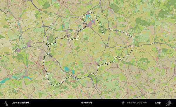 Hertsmere. Birleşik Krallık 'ın bir OpenStreetMap İnsani Biçim haritasında özetlenmiş idari alanı
