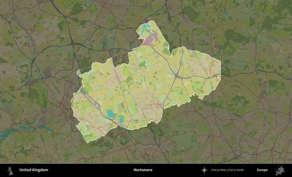 Hertsmere. Birleşik Krallık 'ın idari alanı karanlık bir OpenStreetMap İnsani Haritası biçiminde vurgulanmış ve özetlenmiştir