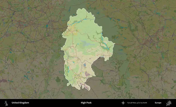Yüksek Tepe. Birleşik Krallık 'ın idari alanı karanlık bir OpenStreetMap İnsani Haritası biçiminde vurgulanmış ve özetlenmiştir