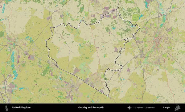 Hinckley ve Bosworth. Birleşik Krallık 'ın bir OpenStreetMap İnsani Biçim haritasında özetlenmiş idari alanı