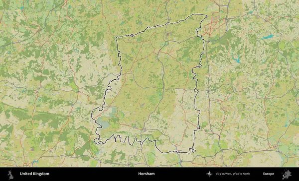 Horsham. Birleşik Krallık 'ın bir OpenStreetMap İnsani Biçim haritasında özetlenmiş idari alanı