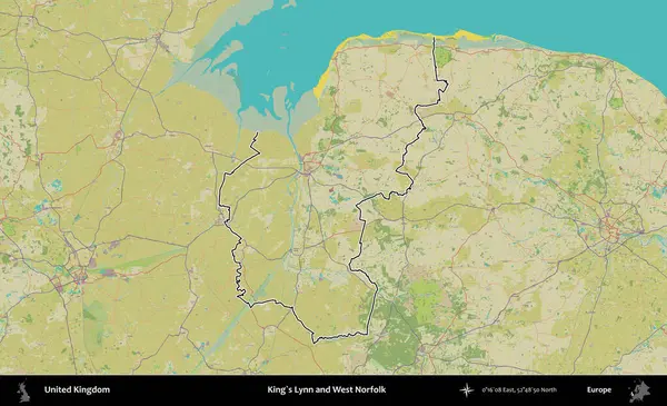 King 's Lynn ve West Norfolk. Birleşik Krallık 'ın bir OpenStreetMap İnsani Biçim haritasında özetlenmiş idari alanı