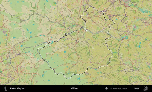 Kirklees. Birleşik Krallık 'ın bir OpenStreetMap İnsani Biçim haritasında özetlenmiş idari alanı