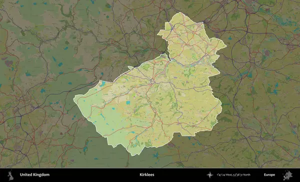 Kirklees. Birleşik Krallık 'ın idari alanı karanlık bir OpenStreetMap İnsani Haritası biçiminde vurgulanmış ve özetlenmiştir