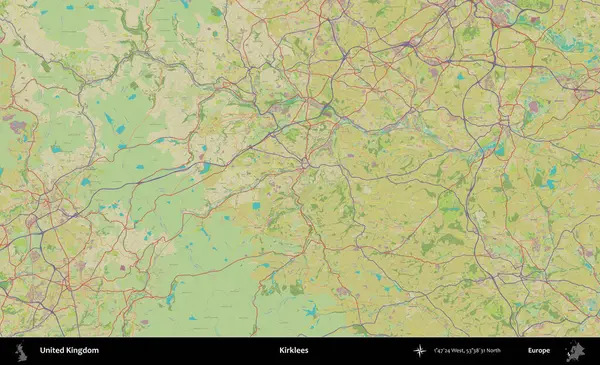 Kirklees. Birleşik Krallık 'ın idari alanı bir OpenStreetMap İnsani Biçim haritası üzerinde