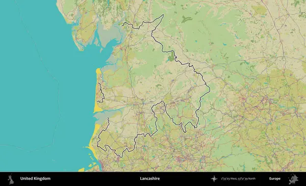 Lancashire. Birleşik Krallık 'ın bir OpenStreetMap İnsani Biçim haritasında özetlenmiş idari alanı