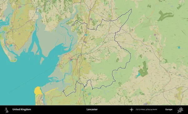 Lancaster. Birleşik Krallık 'ın bir OpenStreetMap İnsani Biçim haritasında özetlenmiş idari alanı