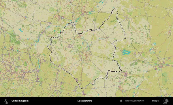 Leicestershire 'da. Birleşik Krallık 'ın bir OpenStreetMap İnsani Biçim haritasında özetlenmiş idari alanı