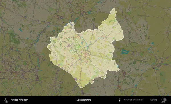 Leicestershire 'da. Birleşik Krallık 'ın idari alanı karanlık bir OpenStreetMap İnsani Haritası biçiminde vurgulanmış ve özetlenmiştir