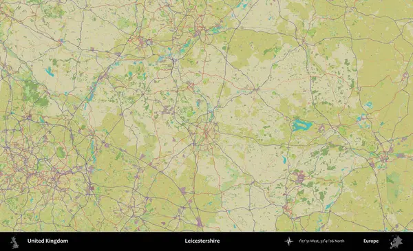 Leicestershire 'da. Birleşik Krallık 'ın idari alanı bir OpenStreetMap İnsani Biçim haritası üzerinde