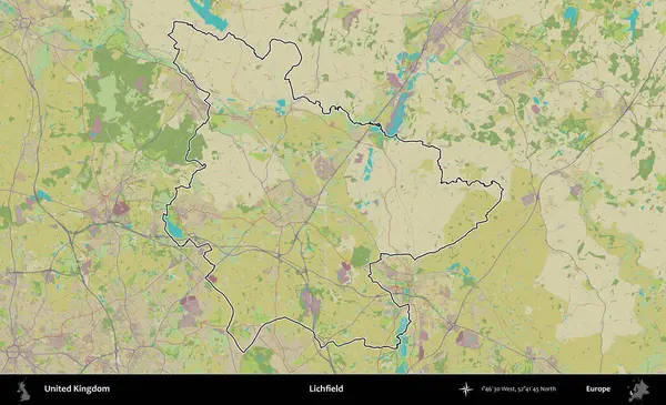 Lichfield 'da. Birleşik Krallık 'ın bir OpenStreetMap İnsani Biçim haritasında özetlenmiş idari alanı