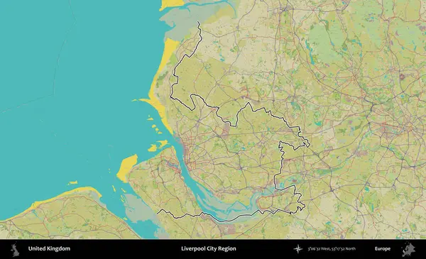 Liverpool Şehri Bölgesi. Birleşik Krallık 'ın bir OpenStreetMap İnsani Biçim haritasında özetlenmiş idari alanı