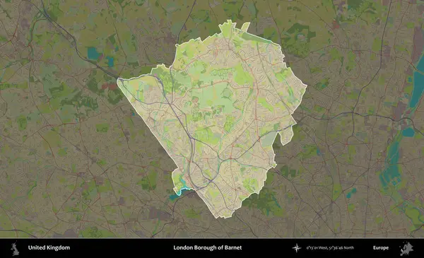 Londra Barnet İlçesi. Birleşik Krallık 'ın idari alanı karanlık bir OpenStreetMap İnsani Haritası biçiminde vurgulanmış ve özetlenmiştir