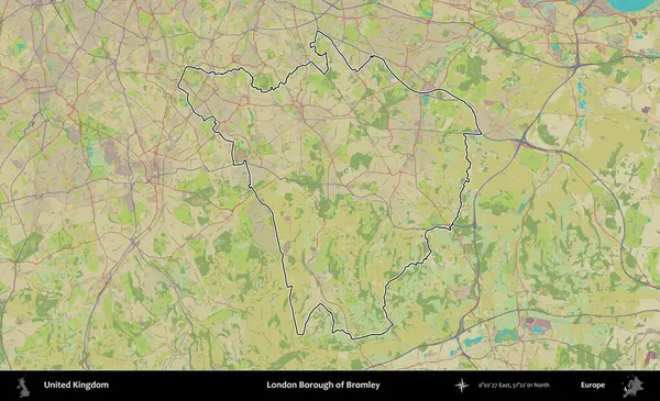 Bromley 'in Londra ilçesi. Birleşik Krallık 'ın bir OpenStreetMap İnsani Biçim haritasında özetlenmiş idari alanı