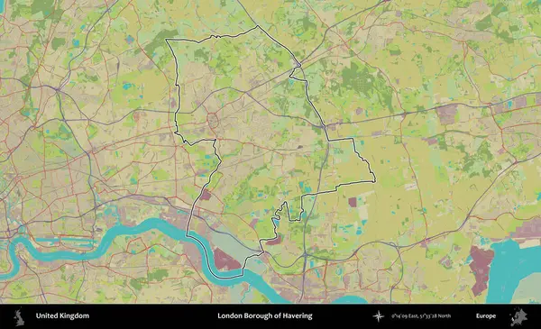 Londra Havering İlçesi. Birleşik Krallık 'ın bir OpenStreetMap İnsani Biçim haritasında özetlenmiş idari alanı