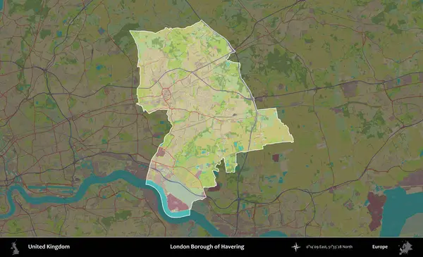Londra Havering İlçesi. Birleşik Krallık 'ın idari alanı karanlık bir OpenStreetMap İnsani Haritası biçiminde vurgulanmış ve özetlenmiştir