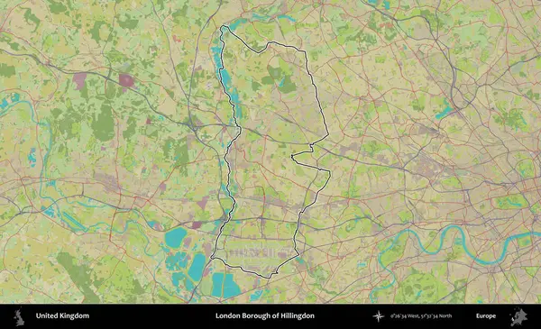 Londra Hillingdon İlçesi. Birleşik Krallık 'ın bir OpenStreetMap İnsani Biçim haritasında özetlenmiş idari alanı