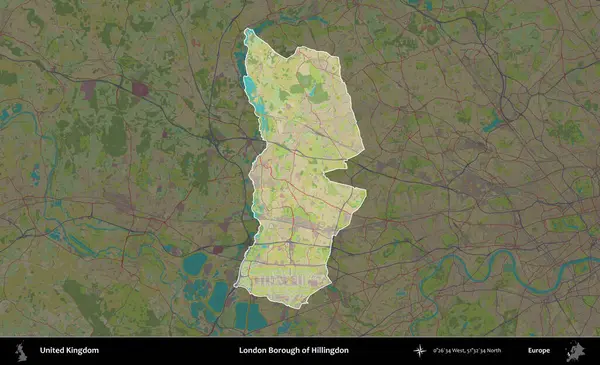 Londra Hillingdon İlçesi. Birleşik Krallık 'ın idari alanı karanlık bir OpenStreetMap İnsani Haritası biçiminde vurgulanmış ve özetlenmiştir