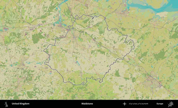 Maidstone. Birleşik Krallık 'ın bir OpenStreetMap İnsani Biçim haritasında özetlenmiş idari alanı