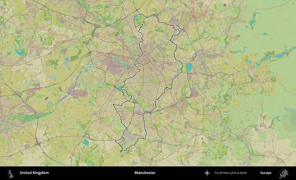 Manchester mı? Birleşik Krallık 'ın bir OpenStreetMap İnsani Biçim haritasında özetlenmiş idari alanı