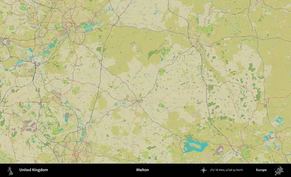 Melton. Birleşik Krallık 'ın idari alanı bir OpenStreetMap İnsani Biçim haritası üzerinde