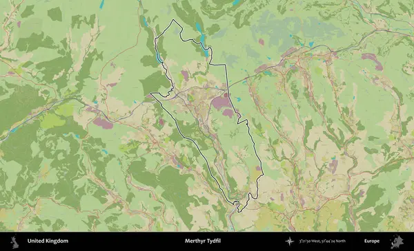 Merthyr Tydfil. Birleşik Krallık 'ın bir OpenStreetMap İnsani Biçim haritasında özetlenmiş idari alanı