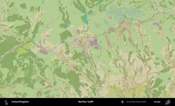 Merthyr Tydfil. Birleşik Krallık 'ın idari alanı bir OpenStreetMap İnsani Biçim haritası üzerinde