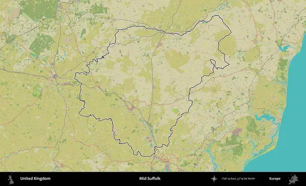 Suffolk 'un ortası. Birleşik Krallık 'ın bir OpenStreetMap İnsani Biçim haritasında özetlenmiş idari alanı