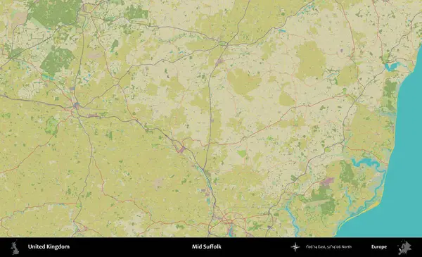 Suffolk 'un ortası. Birleşik Krallık 'ın idari alanı bir OpenStreetMap İnsani Biçim haritası üzerinde