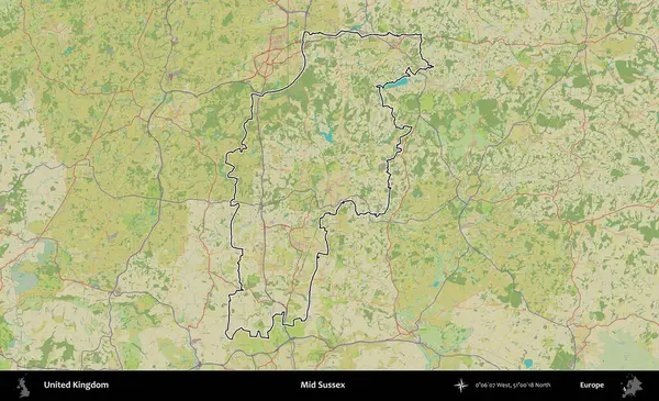 Sussex 'in ortasında. Birleşik Krallık 'ın bir OpenStreetMap İnsani Biçim haritasında özetlenmiş idari alanı