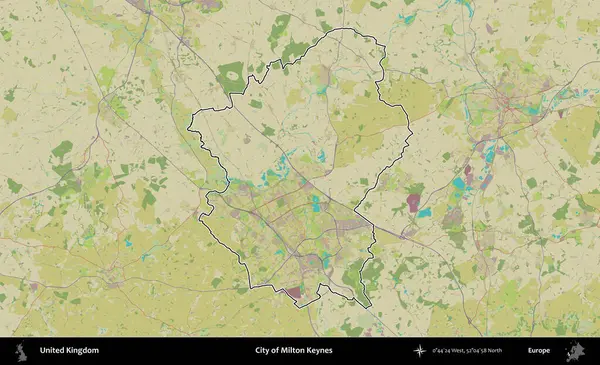Milton Keynes şehri. Birleşik Krallık 'ın bir OpenStreetMap İnsani Biçim haritasında özetlenmiş idari alanı