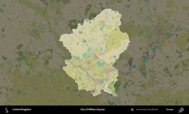 Milton Keynes şehri. Birleşik Krallık 'ın idari alanı karanlık bir OpenStreetMap İnsani Haritası biçiminde vurgulanmış ve özetlenmiştir