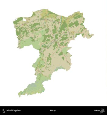 - Moray. Birleşik Krallık 'ın idari alanı bir OpenStreetMap İnsani Harita stili haritasında beyaza izole edildi
