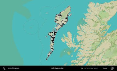 Hayır, Eileanan Siar. Birleşik Krallık 'ın bir OpenStreetMap İnsani Biçim haritasında özetlenmiş idari alanı