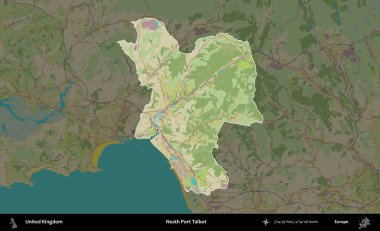 Talbot Limanı 'nın yanında. Birleşik Krallık 'ın idari alanı karanlık bir OpenStreetMap İnsani Haritası biçiminde vurgulanmış ve özetlenmiştir