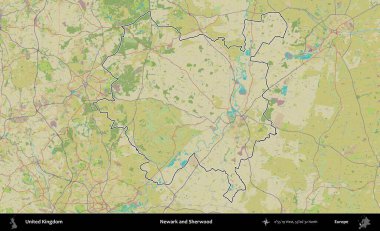 Newark ve Sherwood. Birleşik Krallık 'ın bir OpenStreetMap İnsani Biçim haritasında özetlenmiş idari alanı
