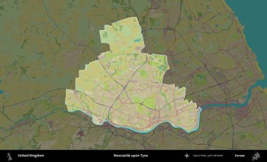 Newcastle Tyne 'da. Birleşik Krallık 'ın idari alanı karanlık bir OpenStreetMap İnsani Haritası biçiminde vurgulanmış ve özetlenmiştir