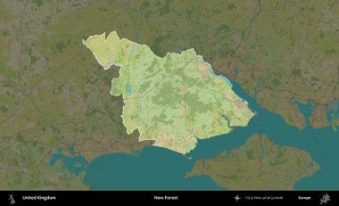 Yeni Orman. Birleşik Krallık 'ın idari alanı karanlık bir OpenStreetMap İnsani Haritası biçiminde vurgulanmış ve özetlenmiştir