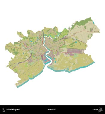Newport. Birleşik Krallık 'ın idari alanı bir OpenStreetMap İnsani Harita stili haritasında beyaza izole edildi